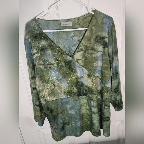 Avenue Womens Stretchy Green V Neck Long Sleeve Blouse - Picture 9 of 9